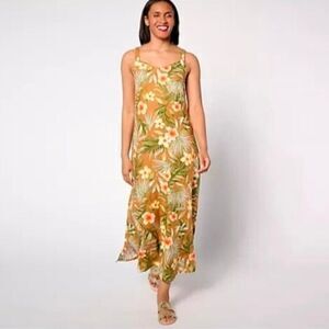 Denim&Co Naturals Linen Blend Tropical Floral Print Maxi Dress in Butterscotch S